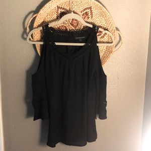 Black gauzy cold-shoulder bell-sleeved blouse